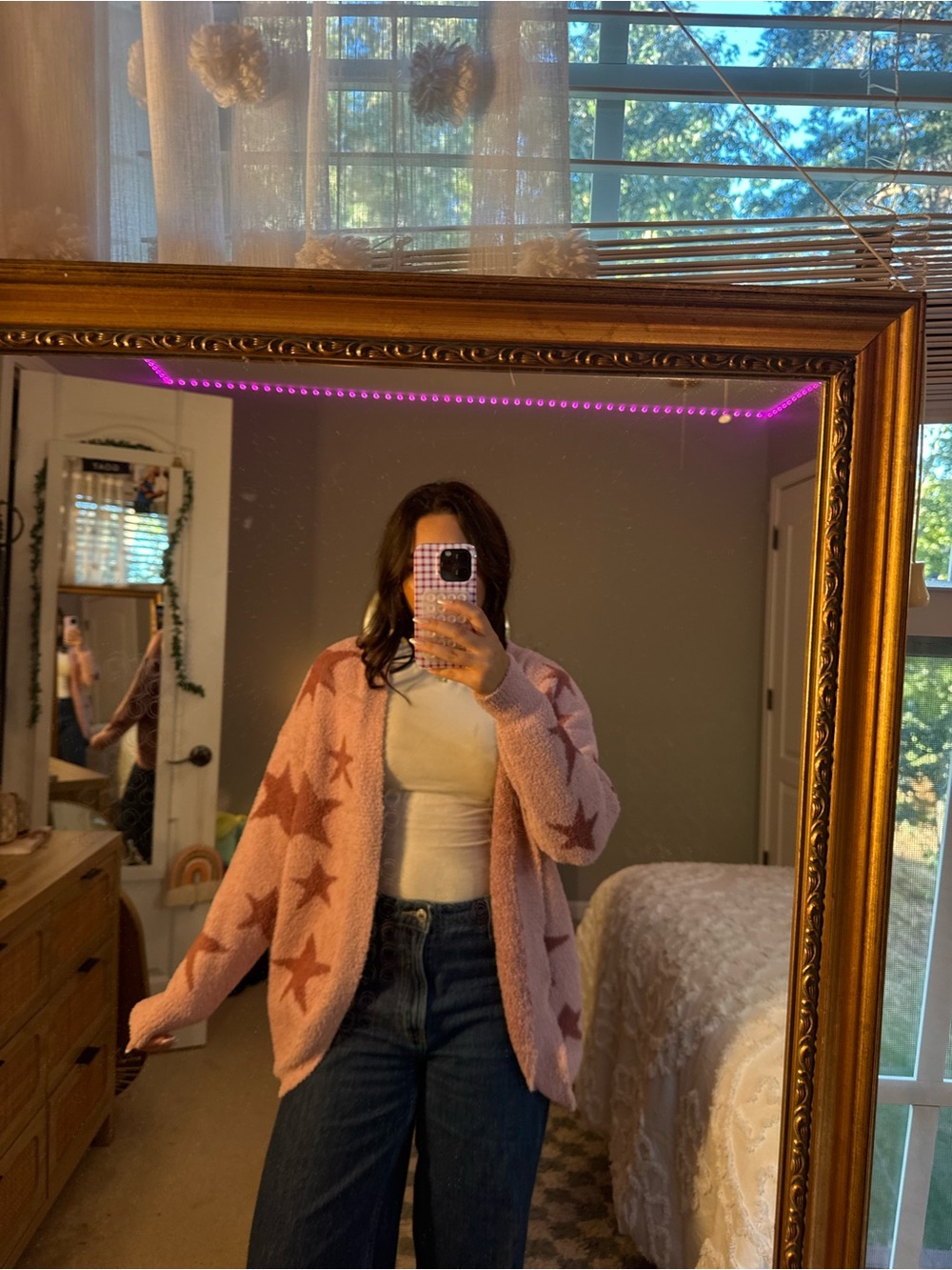 Altar'd State Pink Star-Print Teddy Cardigan Jacket